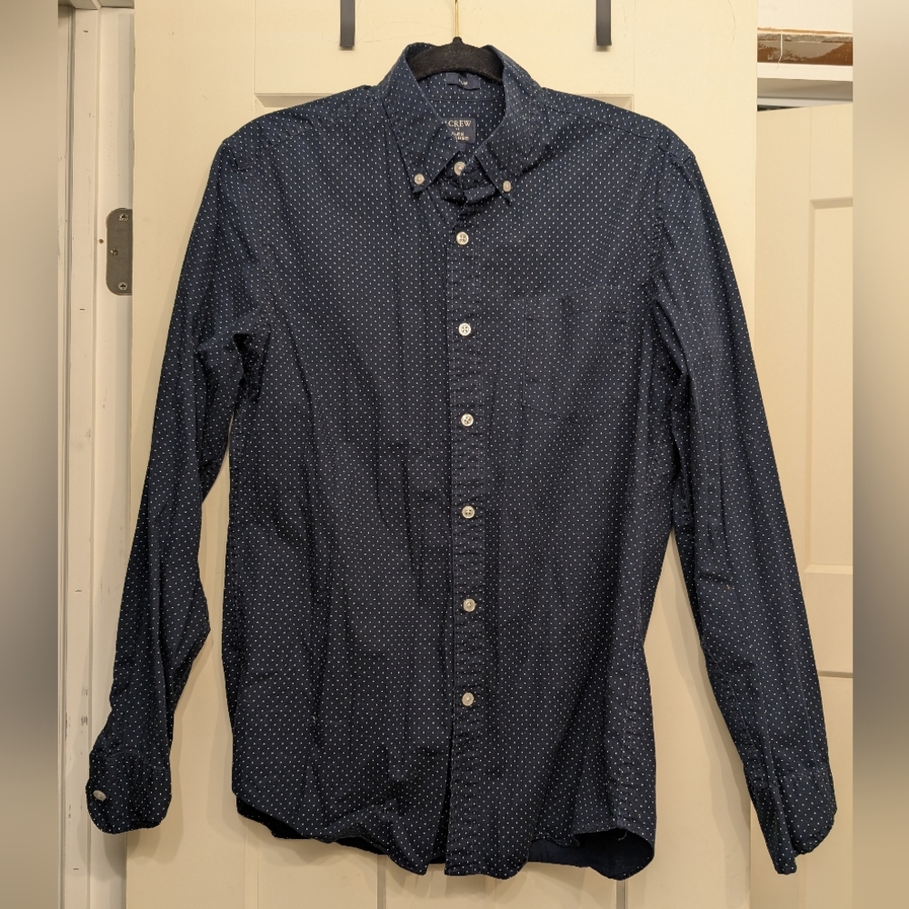 J. Crew Navy Microdot Button-Down Shirt, Slim Flex Washed Size Medium